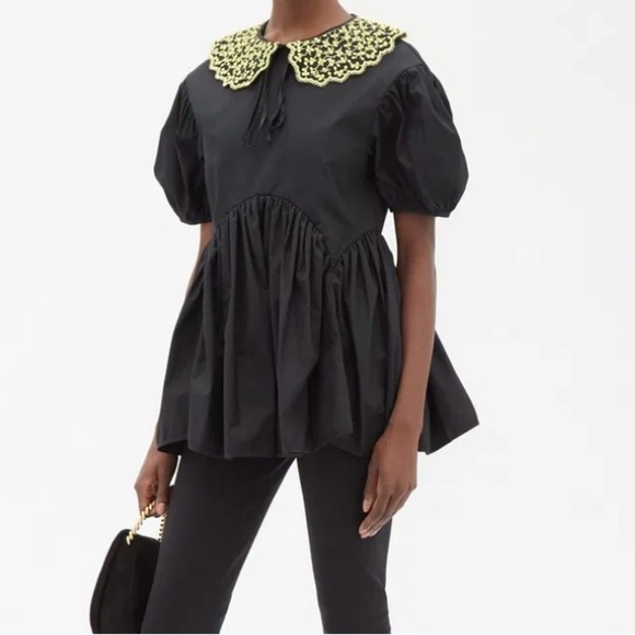 Cecile Bahnsen Tops - Cecilie Bahnsen Mie Embroidered-Collar Cotton-Poplin Blouse in black - Size 8
